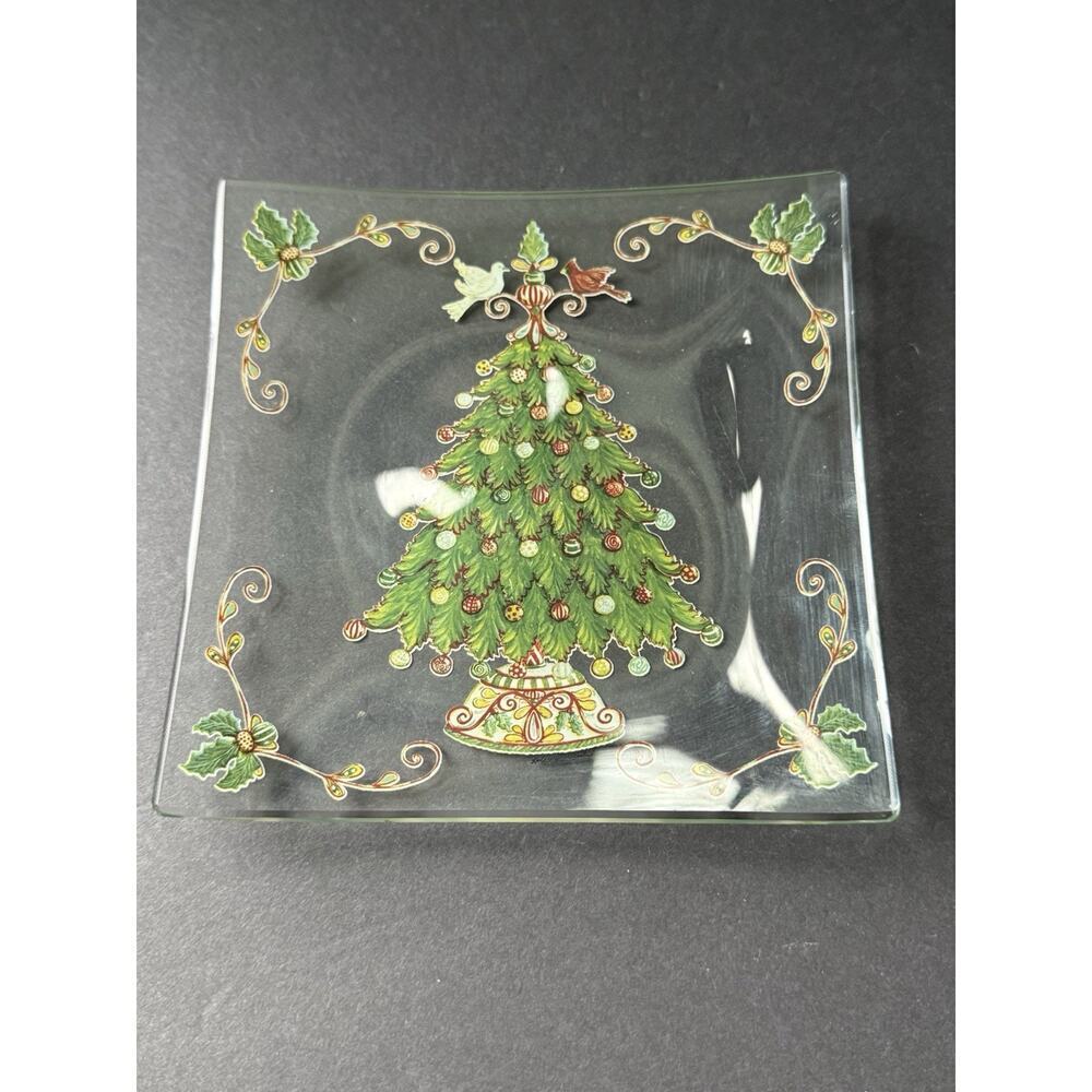 Handcrafted Glass Christmas Trinket Dish Handpainted Signed Cottagecore Holiday